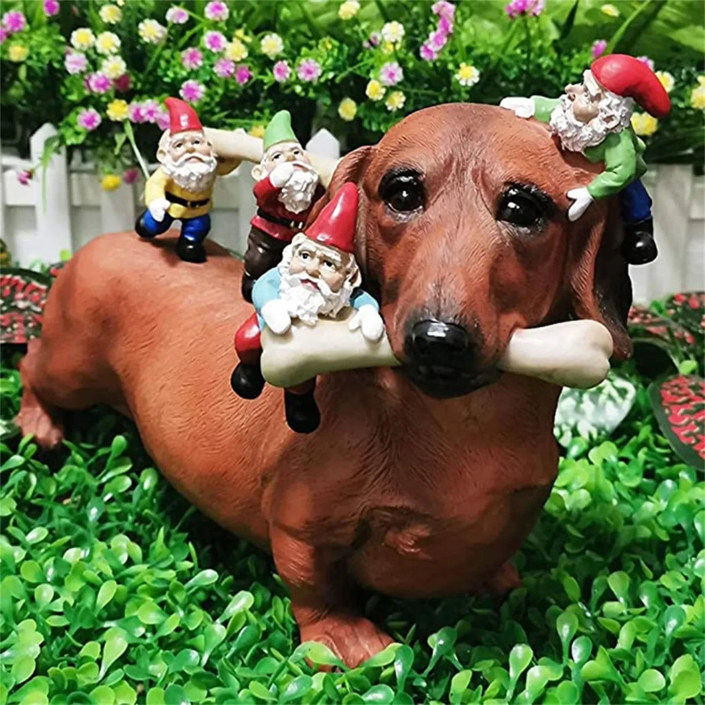 Dachshund Eating Gnomes Garden Statue